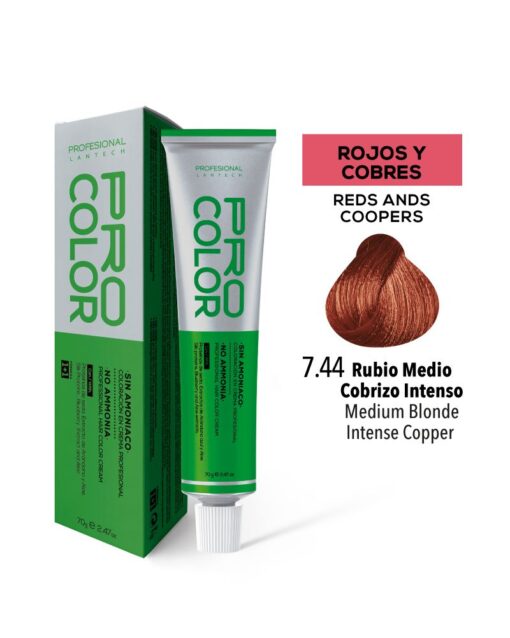 TINTE PRO COLOR SIN AMONIACO 7.44 RUBIO MEDIO COBRIZO INTENSO 70 GR