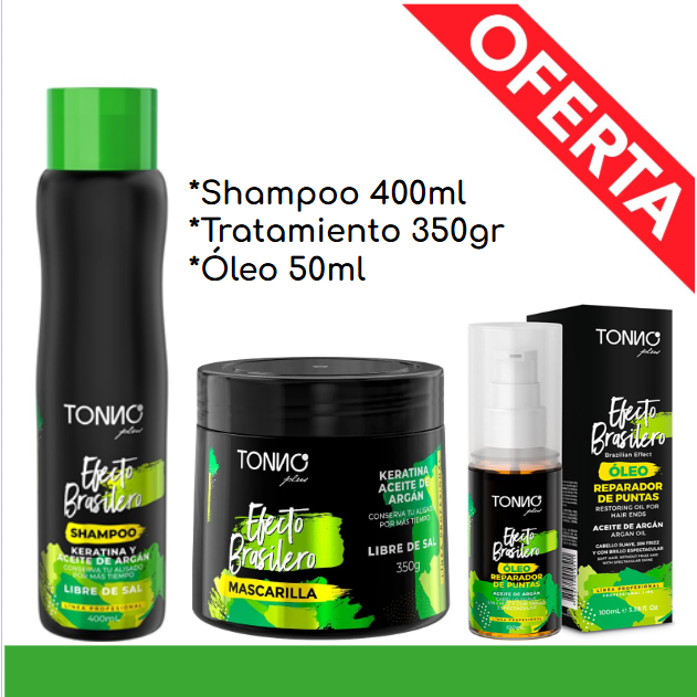 EFECTO BRASILERO COMBO X3 SHAMPOO 400ML + MASCARILLA 350GR + OLEO 50ML TONNO PLUS
