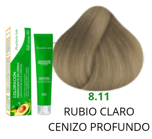 TINTE PLACENTA LIFE 8.11 RUBIO CLARO CENIZO PROFUNDO 60 ML