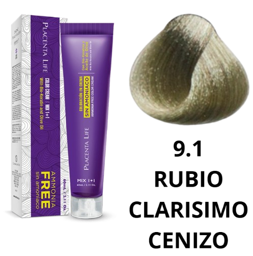 TINTE PLACENTA LIFE SIN AMONIACO 9.1 RUBIO CLARISIMO CENIZO 60 ML
