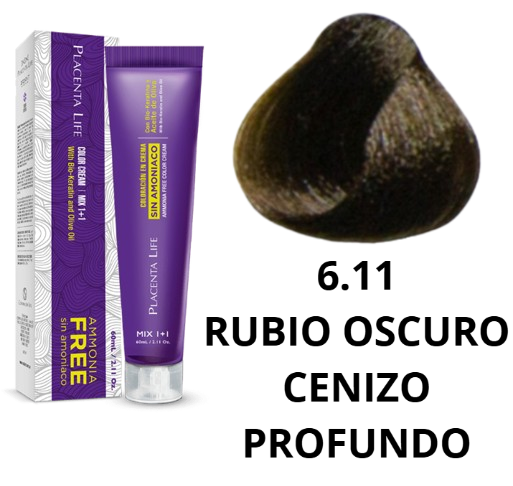 TINTE PLACENTA LIFE SIN AMONIACO 6.11 RUBIO OSCURO CENIZO PROFUNDO 60 ML