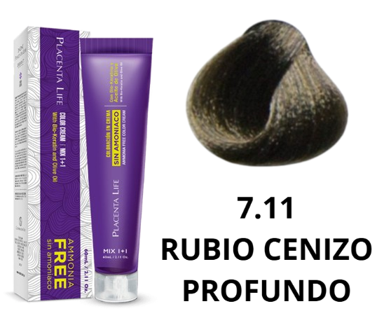 TINTE PLACENTA LIFE SIN AMONIACO 7.11 RUBIO CENIZO PROFUNDO 60 ML