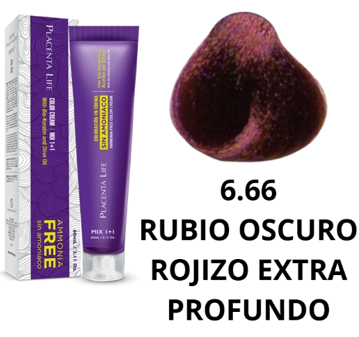 TINTE PLACENTA LIFE SIN AMONIACO 6.66 RUBIO OSCURO ROJIZO EXTRA PROFUNDO 60 ML