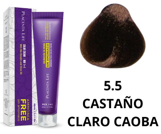 TINTE PLACENTA LIFE SIN AMONIACO 5.5 CASTAÑO CLARO CAOBA 60 ML