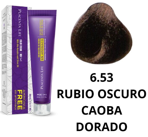 TINTE PLACENTA LIFE SIN AMONIACO 6.53 RUBIO OSCURO CAOBA DORADO 60 ML