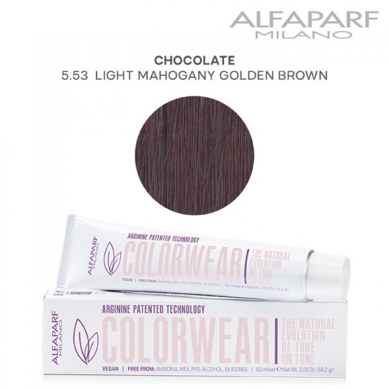 TINTE COLOR WEAR 5.53 CASTAÑO CLARO CAOBA DORADO 60ML SIN AMONIACO ALFAPARF